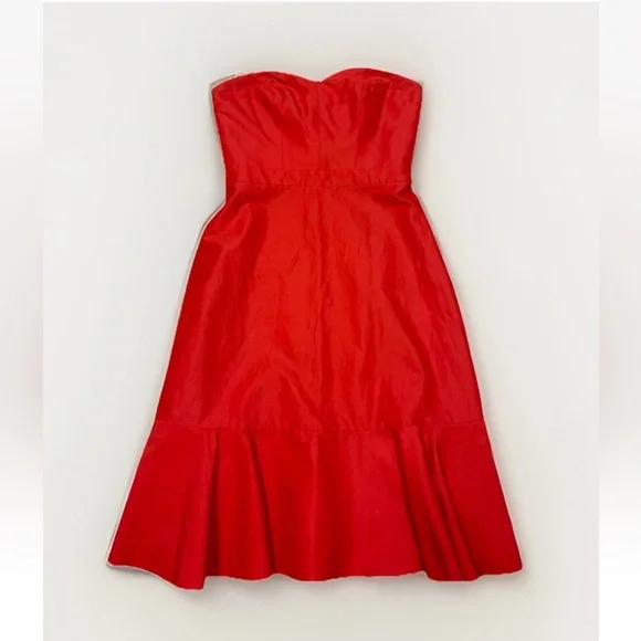 J Crew Dress Red Strapless Midi Silk Cotton Blend Flounce Hem  Sz 2 Party Spring - Picture 2 of 12